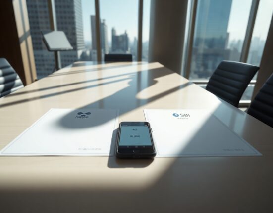 Professional meeting setting with Ripple and SBI documents and a smartphone displaying RLUSD stablecoin payment screen.