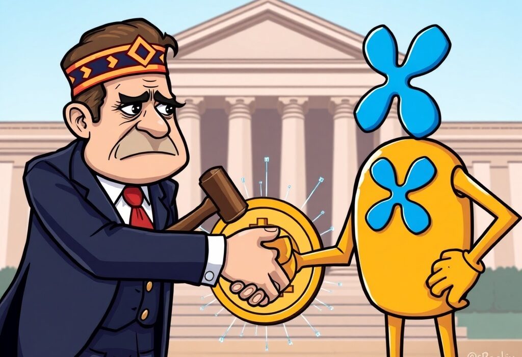 A cartoon illustration showing the significant Ripple SEC settlement, symbolizing a new phase for XRP regulatory clarity.