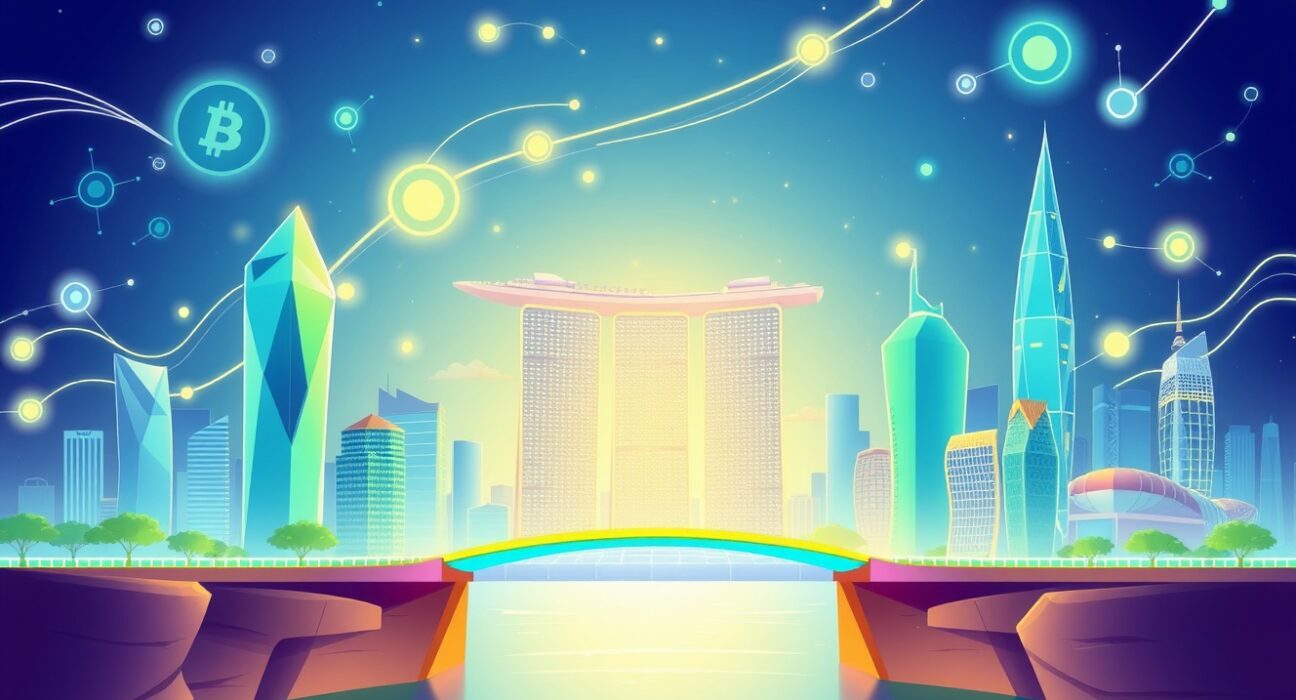 Ripple Singapore approval illustrated as a vibrant digital bridge enabling secure cross-border payments.