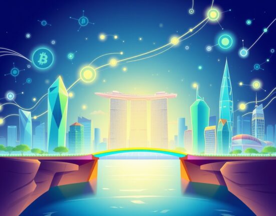 Ripple Singapore approval illustrated as a vibrant digital bridge enabling secure cross-border payments.