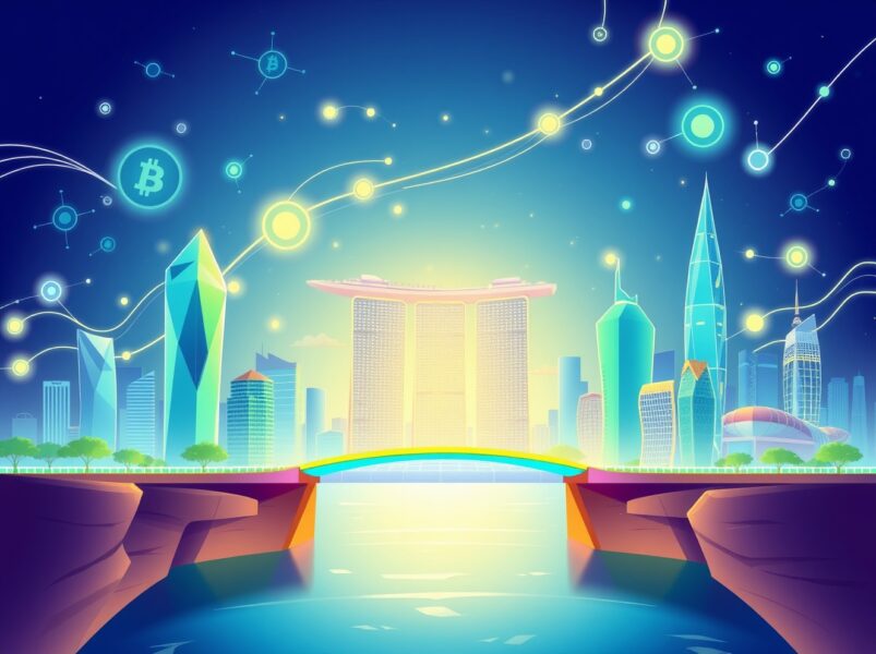 Ripple Singapore approval illustrated as a vibrant digital bridge enabling secure cross-border payments.