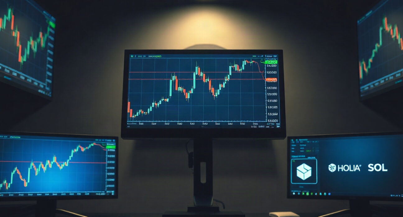 Trading desk with cryptocurrency charts for Ripple, Solana, and POL on monitors