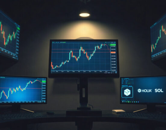 Trading desk with cryptocurrency charts for Ripple, Solana, and POL on monitors