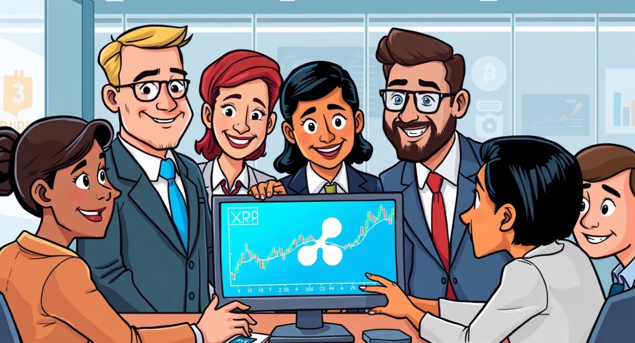 Cartoon illustration of institutional traders confidently engaging in Ripple spot trading of digital assets, symbolizing growth and secure transactions.