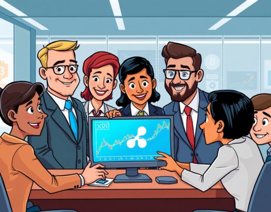 Cartoon illustration of institutional traders confidently engaging in Ripple spot trading of digital assets, symbolizing growth and secure transactions.