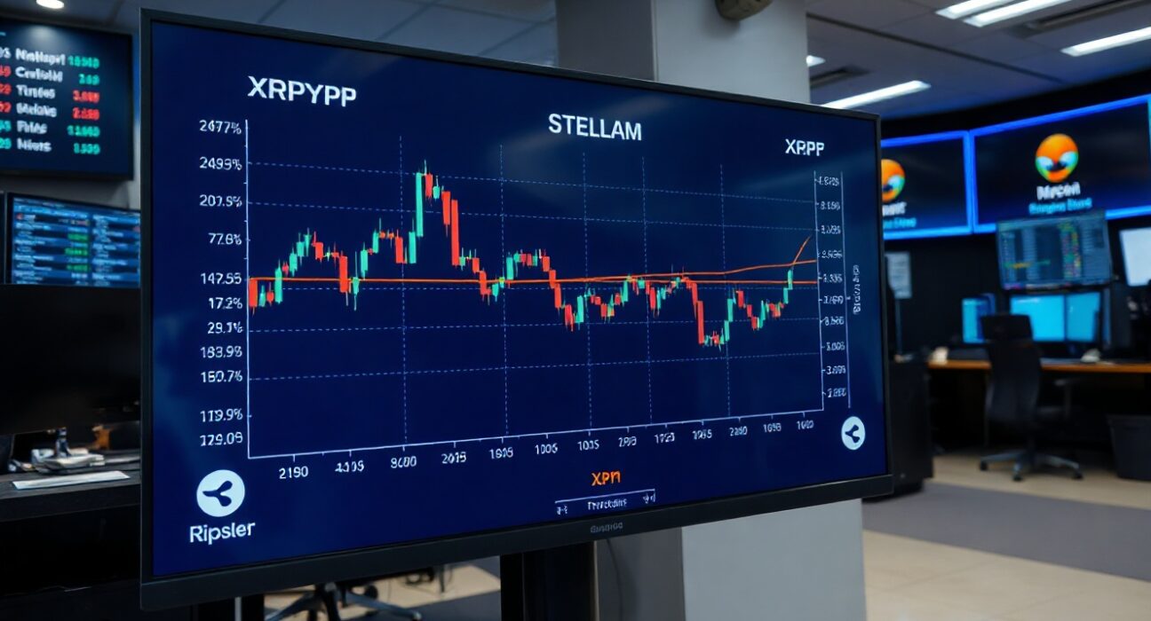 Cryptocurrency price charts showing downward trends for Ripple and Stellar on a trading screen