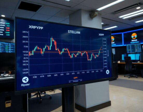 Cryptocurrency price charts showing downward trends for Ripple and Stellar on a trading screen