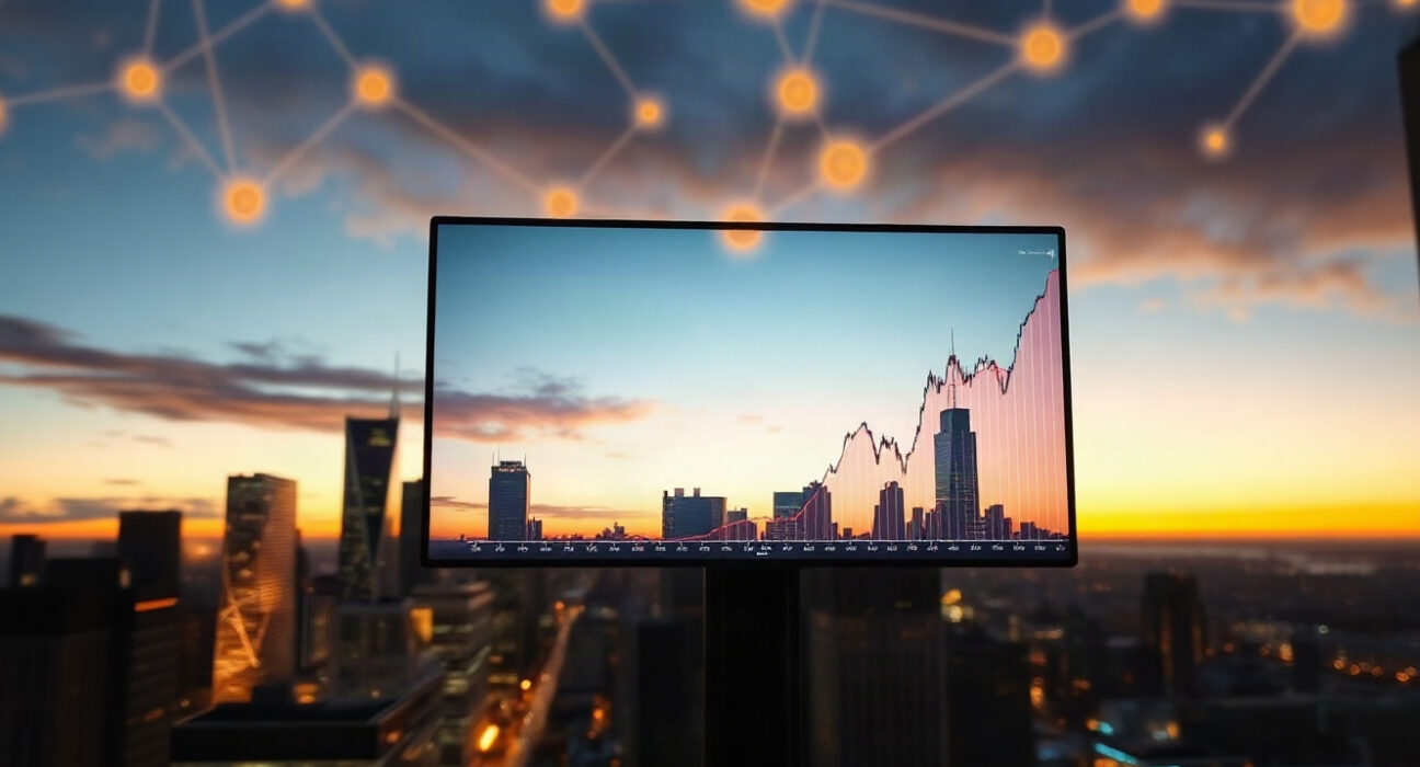 Digital financial display with rising charts and blockchain network in a city skyline at dusk