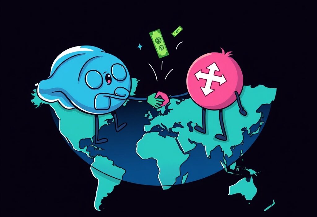 A cartoon illustration showing the Ripple Thunes partnership enabling seamless, real-time global payments through blockchain.