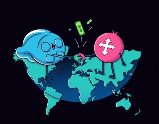 A cartoon illustration showing the Ripple Thunes partnership enabling seamless, real-time global payments through blockchain.
