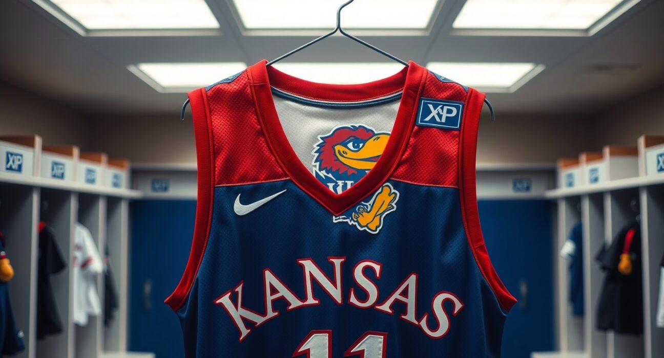 University of Kansas Jayhawks basketball jersey with Ripple XRP patch displayed in a locker room