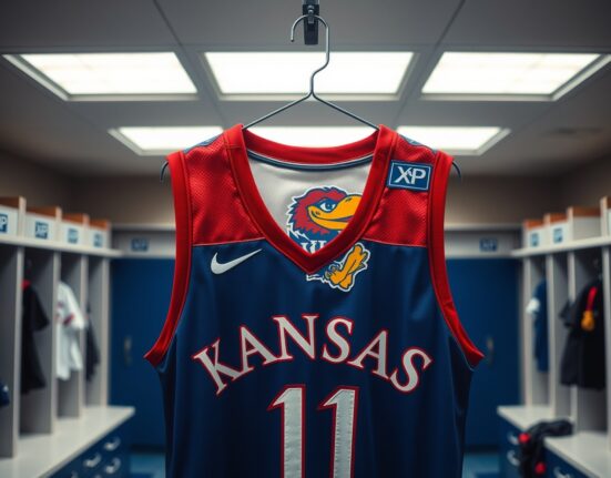 University of Kansas Jayhawks basketball jersey with Ripple XRP patch displayed in a locker room