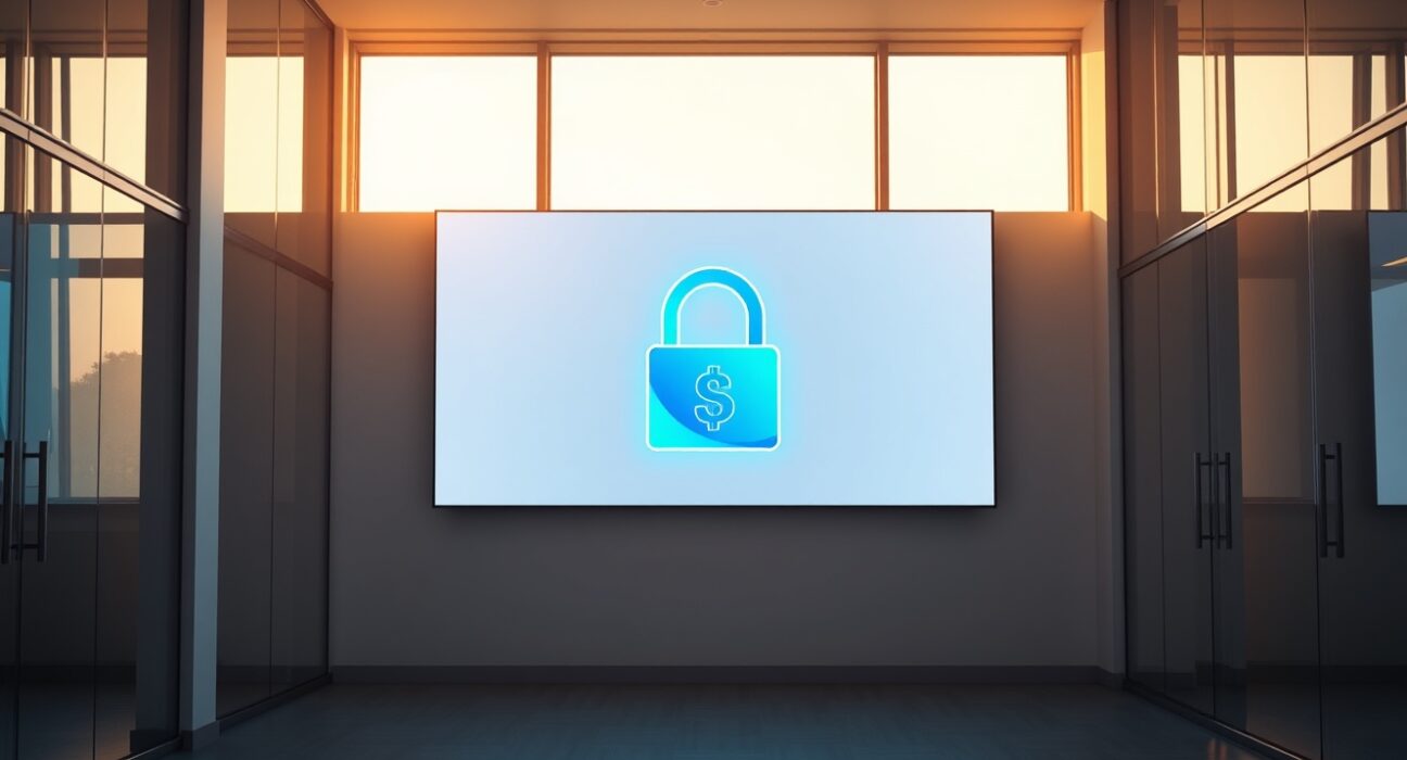 Digital display in a modern office showing a cryptocurrency token unlock symbol, representing Ripple's XRP escrow release.