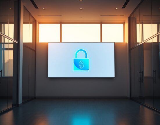 Digital display in a modern office showing a cryptocurrency token unlock symbol, representing Ripple's XRP escrow release.