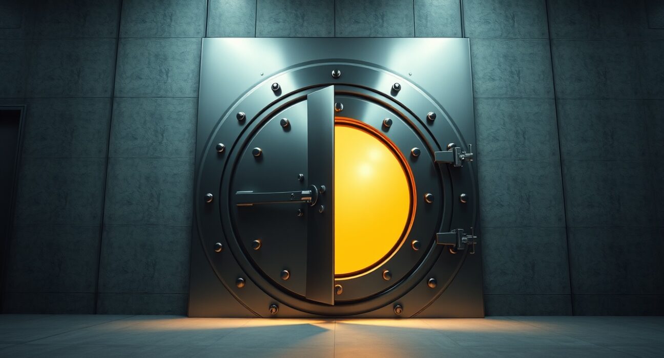 A secure vault door slightly open with a golden glow, representing the release of 400 million XRP from escrow.