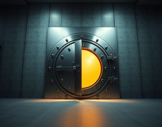 A secure vault door slightly open with a golden glow, representing the release of 400 million XRP from escrow.