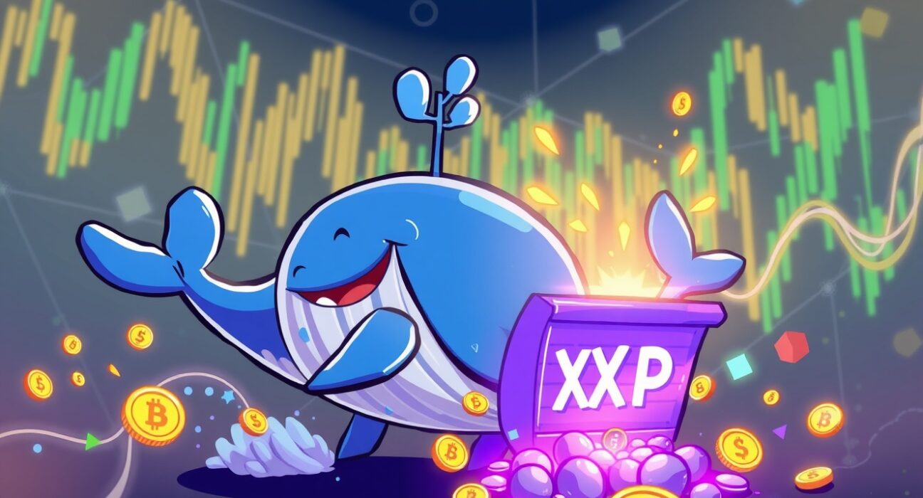 Animated illustration of 500 million XRP unlocked from a digital vault, symbolizing market movement.