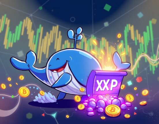 A cartoon whale unlocking a massive treasure chest of XRP cryptocurrency, symbolizing a major market event.