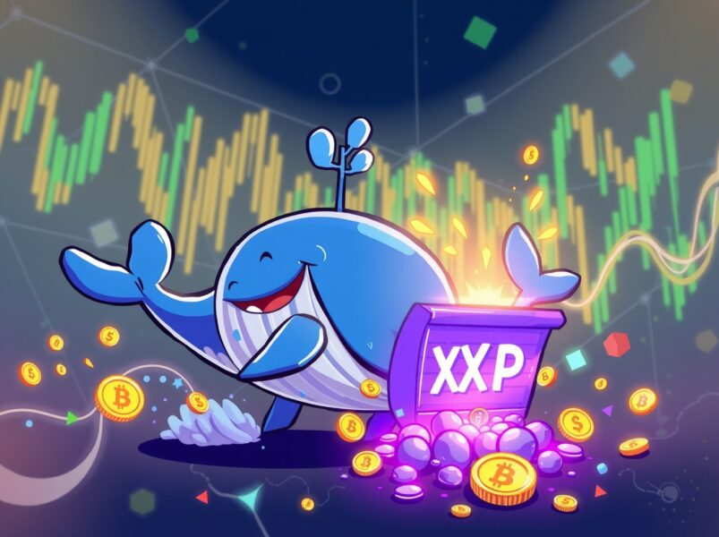 Animated illustration of 500 million XRP unlocked from a digital vault, symbolizing market movement.