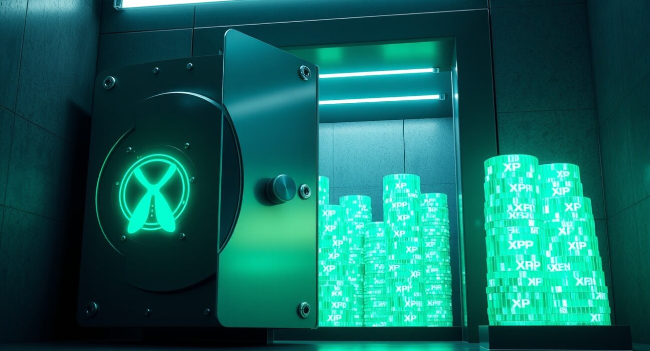 A high-security vault with a glowing digital lock and stacks of illuminated XRP tokens inside, representing the recent escrow unlock.
