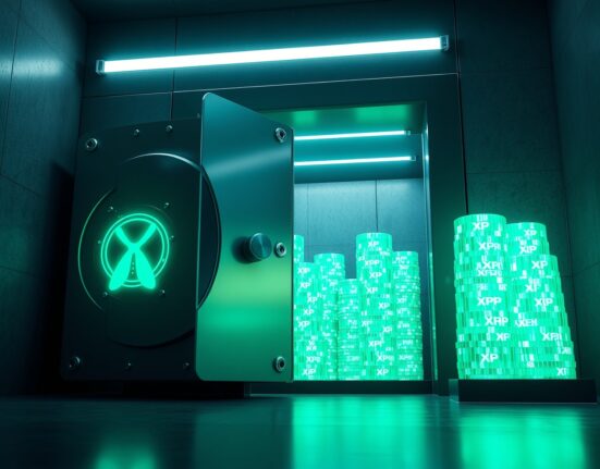 A high-security vault with a glowing digital lock and stacks of illuminated XRP tokens inside, representing the recent escrow unlock.