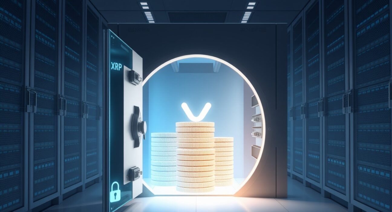 Secure digital vault holding Ripple's escrowed XRP tokens, representing regulatory compliance and asset stability.