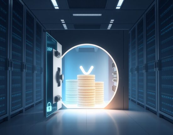 Secure digital vault holding Ripple's escrowed XRP tokens, representing regulatory compliance and asset stability.