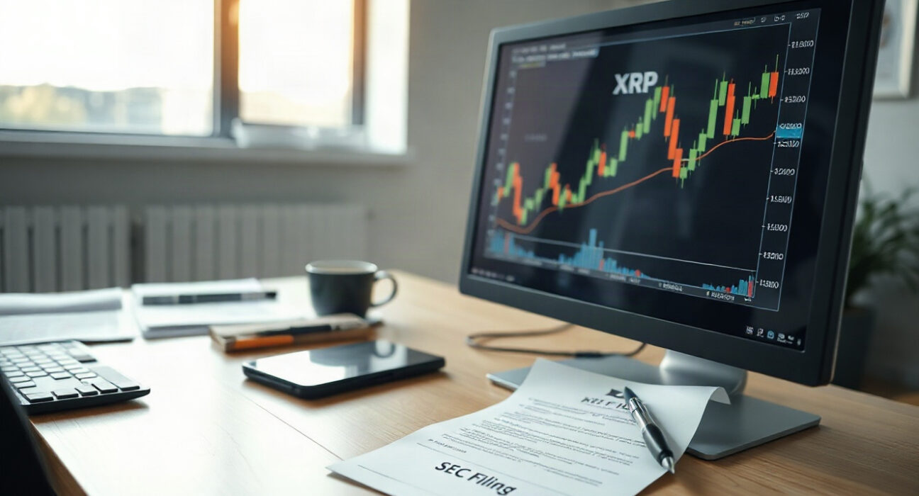 Financial analyst reviewing SEC filing on XRP price chart