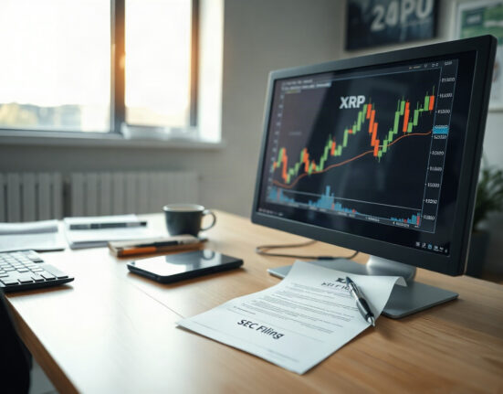Financial analyst reviewing SEC filing on XRP price chart