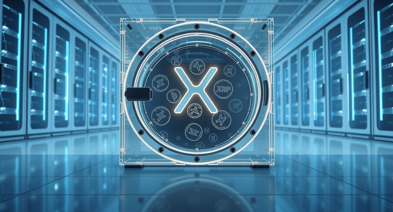 Secure digital vault holding 500 million XRP tokens in a blockchain data center, representing Ripple's escrow strategy.
