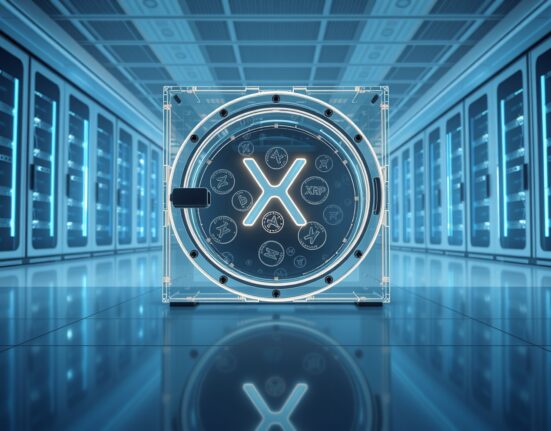Secure digital vault holding 500 million XRP tokens in a blockchain data center, representing Ripple's escrow strategy.