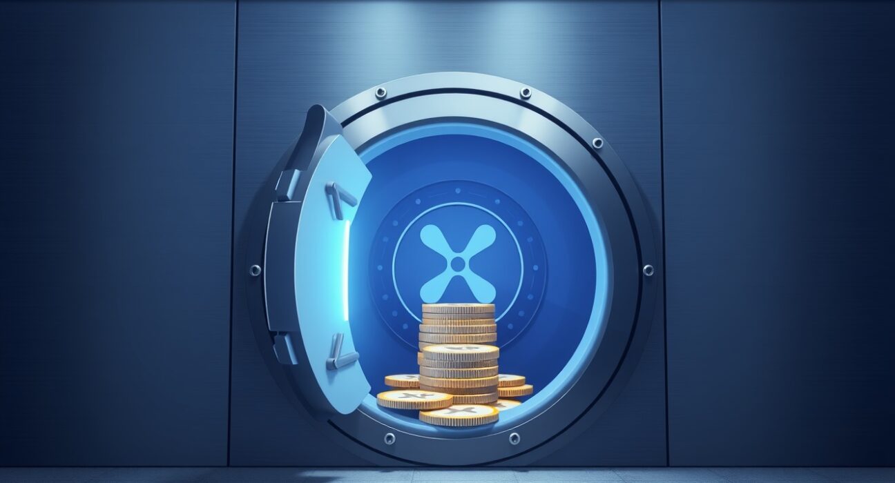 Ripple XRP escrow unlock: A high-tech vault door opening, revealing a pile of XRP tokens, symbolizing the 400 million token release.