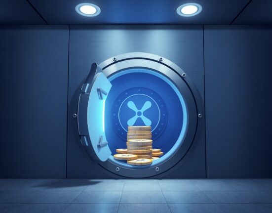 Ripple XRP escrow unlock: A high-tech vault door opening, revealing a pile of XRP tokens, symbolizing the 400 million token release.