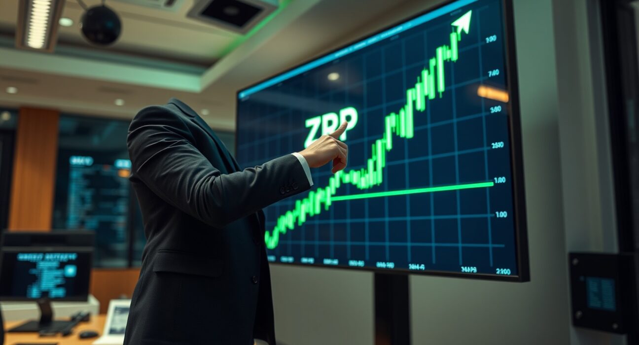 Financial analyst reviewing XRP price chart on a large digital display in a modern newsroom setting.