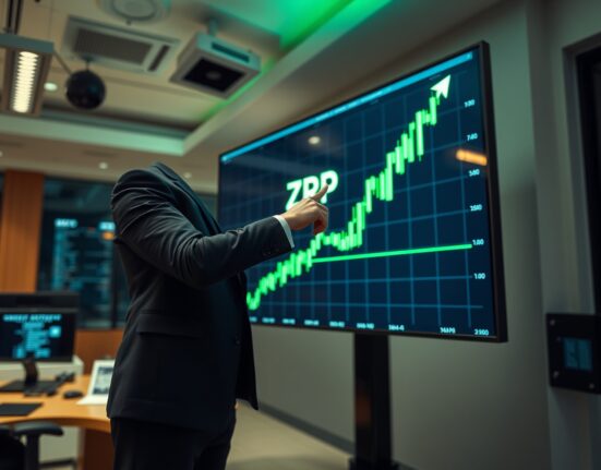 Financial analyst reviewing XRP price chart on a large digital display in a modern newsroom setting.