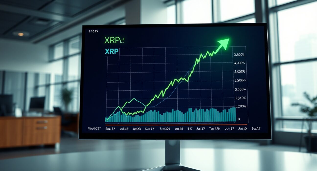 XRP price chart on a digital display in a modern financial office setting