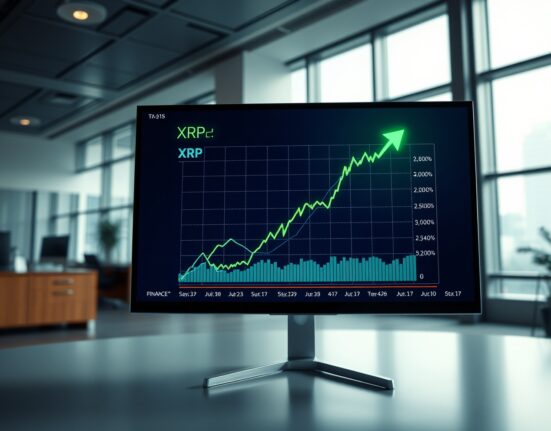 XRP price chart on a digital display in a modern financial office setting