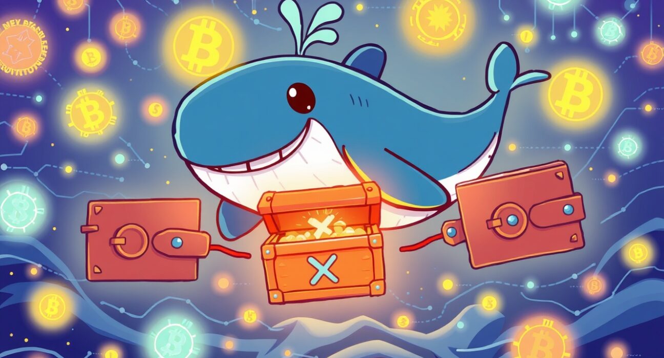 A cartoon whale moving a massive XRP treasure chest in a vibrant blockchain ocean, illustrating the huge XRP transfer.