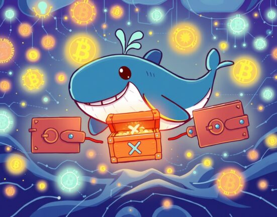 A cartoon whale moving a massive XRP treasure chest in a vibrant blockchain ocean, illustrating the huge XRP transfer.