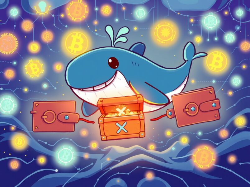 A cartoon whale moving a massive XRP treasure chest in a vibrant blockchain ocean, illustrating the huge XRP transfer.