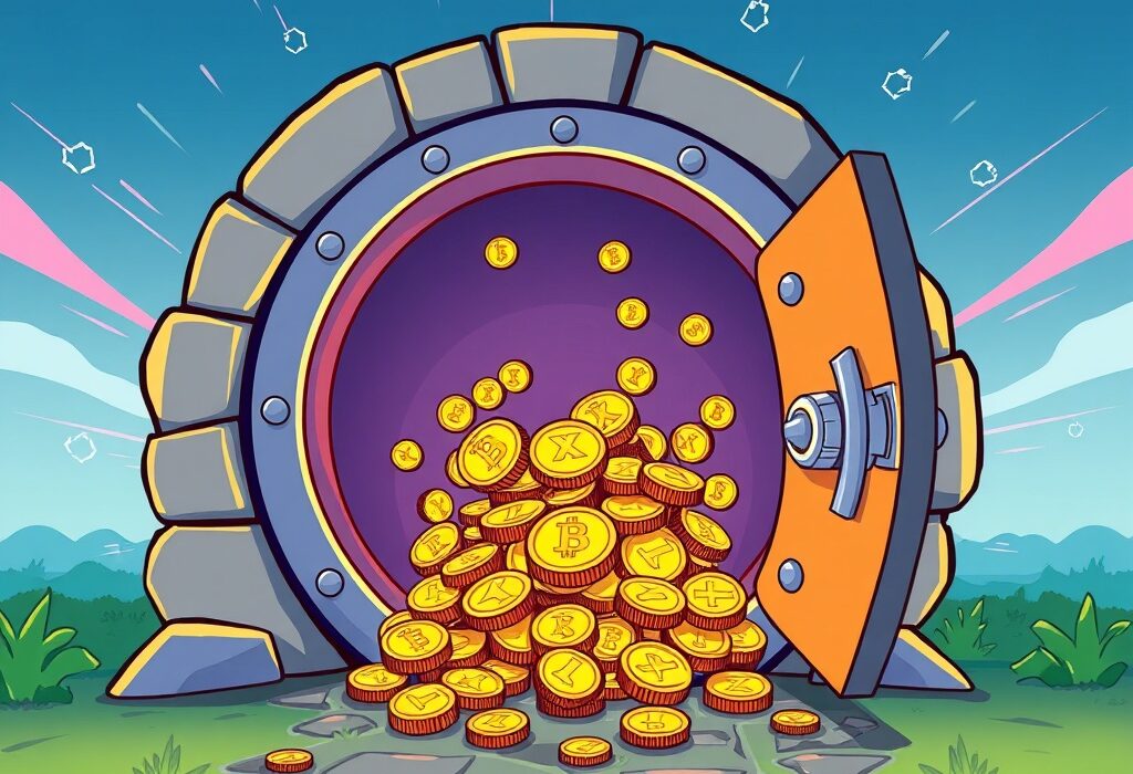 A cartoon illustration showing a large volume of XRP unlocked from a digital escrow, symbolizing Ripple's recent release.