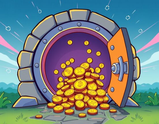 A cartoon illustration showing a large volume of XRP unlocked from a digital escrow, symbolizing Ripple's recent release.