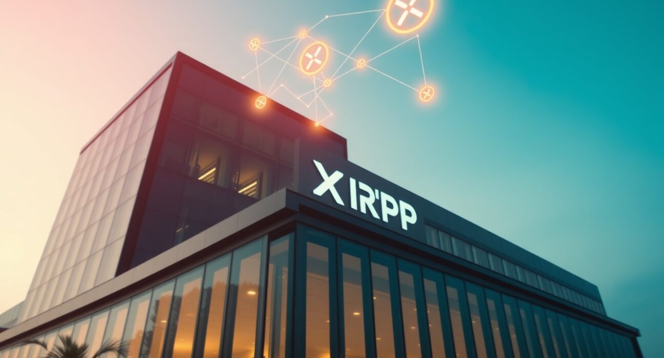 Modern financial building with digital blockchain and XRP overlay representing institutional lending on XRPL