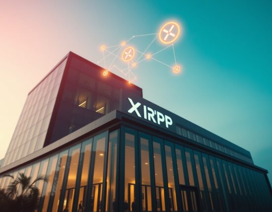 Modern financial building with digital blockchain and XRP overlay representing institutional lending on XRPL