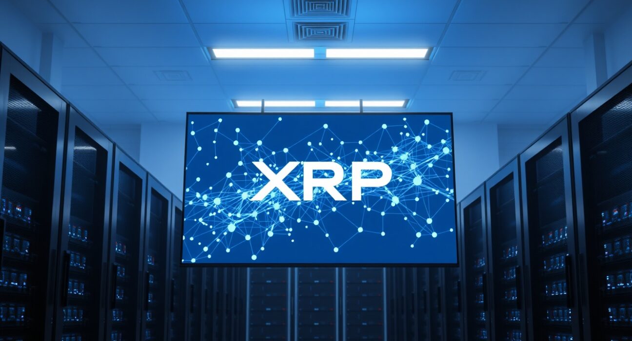 Server room with digital XRP Ledger network display highlighting quantum-resistant cryptography upgrade