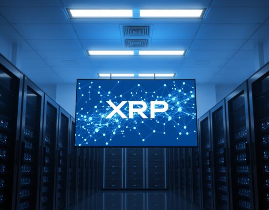 Server room with digital XRP Ledger network display highlighting quantum-resistant cryptography upgrade