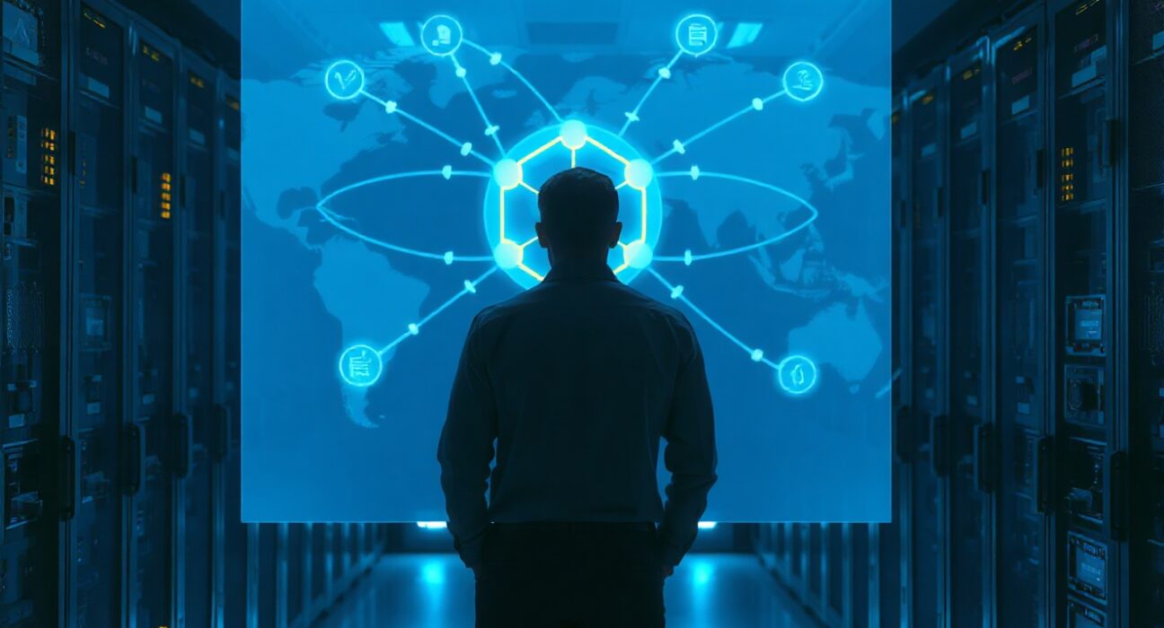 Engineer in cybersecurity lab viewing holographic XRP Ledger with quantum-resistant shields
