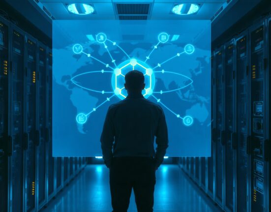 Engineer in cybersecurity lab viewing holographic XRP Ledger with quantum-resistant shields