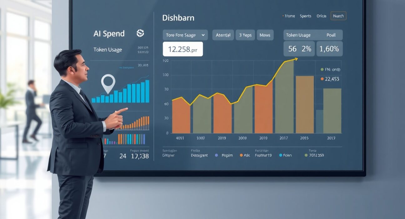 Executive reviewing AI spend dashboard in modern office