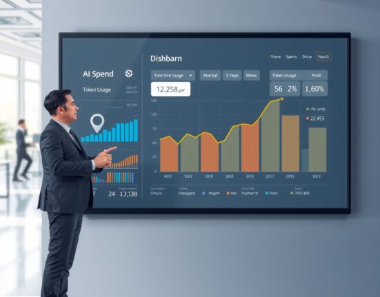 Executive reviewing AI spend dashboard in modern office